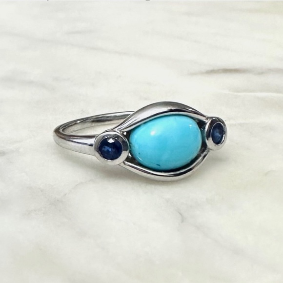 JTV Jewelry - Blue Oval Cabochon Turquoise Rhodium Over Sterling Silver 3-Stone Ring 0.22ct